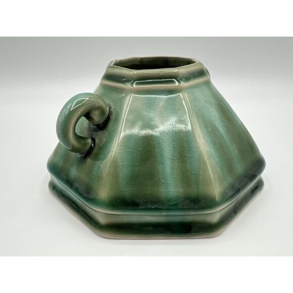 Anthropologie Celadon Drip Glaze Lidded Octagon Shaped Sugar Bowl Jar w Handles - Picture 4 of 9